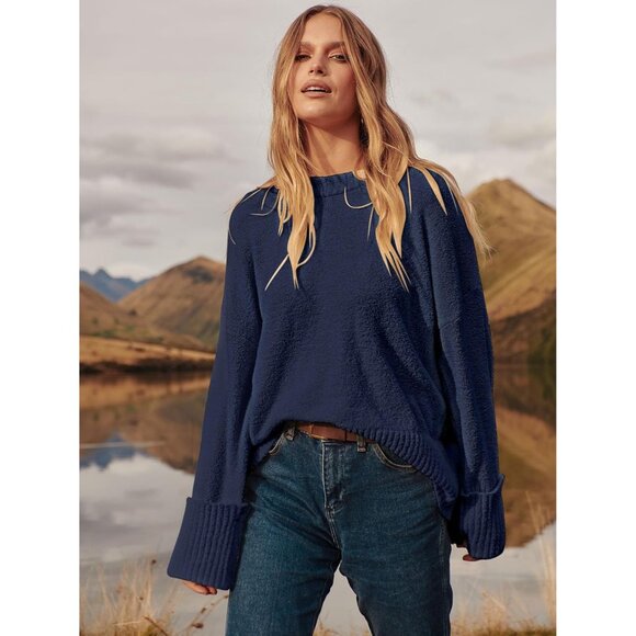 Women's Oversized Sweater Fuzzy Navy Blue Long Sleeve Casual Chunky Pullover - Picture 6 of 8